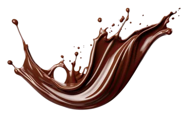 Fotobehang Dark brown Chocolate or cocoa liquid swirl splash with little choc bubbles isolated on clear png background, liquid fluid element flowing in form of wave. © TANATPON