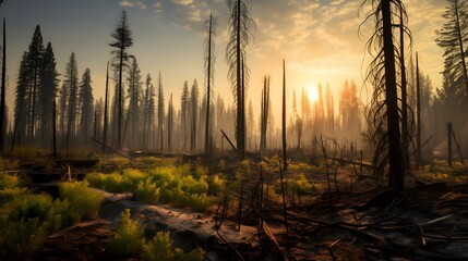 Forest fire aftermath, haunting shot of charred trees post a wildfire, juxtaposed with sprouting...