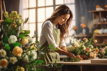 Beautiful young girl florist collects bouquet of flowers in her flower shop. Small business concept, flower delivery, holiday preparation, opening a flower workshop - obrazy, fototapety, plakaty