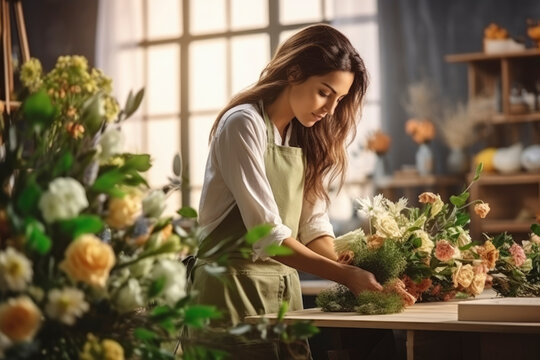 Beautiful Young Girl Florist Collects Bouquet Of Flowers In Her Flower Shop. Small Business Concept, Flower Delivery, Holiday Preparation, Opening A Flower Workshop