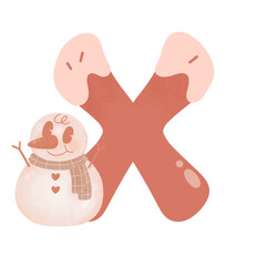 Letter X cute 60s 70s groovy retro vintage smiley pink snowman watercolor cartoon font sublimation winter alphabet merry christmas xmas festive clipart