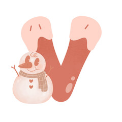 Letter V cute 60s 70s groovy retro vintage smiley pink snowman watercolor cartoon font sublimation winter alphabet merry christmas xmas festive clipart