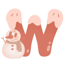 Letter W cute 60s 70s groovy retro vintage smiley pink snowman watercolor cartoon font sublimation winter alphabet merry christmas xmas festive clipart