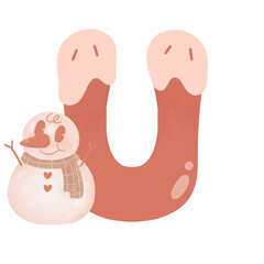 Letter U cute 60s 70s groovy retro vintage smiley pink snowman watercolor cartoon font sublimation winter alphabet merry christmas xmas festive clipart