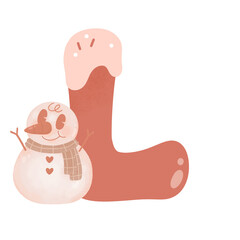 Letter L cute 60s 70s groovy retro vintage smiley pink snowman watercolor cartoon font sublimation winter alphabet merry christmas xmas festive clipart