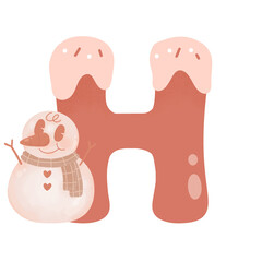 Letter H cute 60s 70s groovy retro vintage smiley pink snowman watercolor cartoon font sublimation winter alphabet merry christmas xmas festive clipart