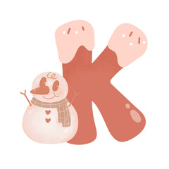 Letter K cute 60s 70s groovy retro vintage smiley pink snowman watercolor cartoon font sublimation winter alphabet merry christmas xmas festive clipart