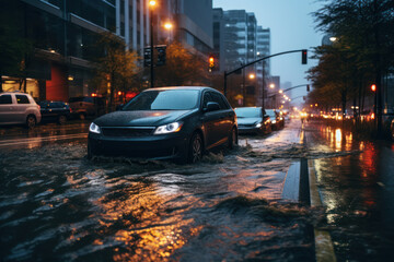 Cars stranded on flooded city street at dusk