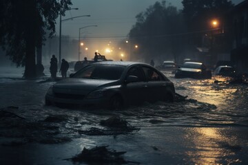 Stranded cars on flooded urban road at night - obrazy, fototapety, plakaty