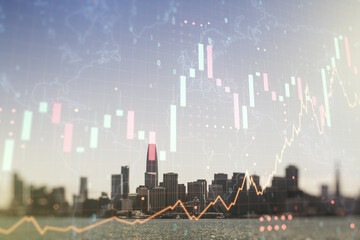 Multi exposure of virtual abstract financial graph hologram and world map on San Francisco cityscape background, financial and trading concept