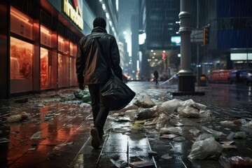 Unrecognizable man walking on wet street with plastic waste and papers during hurricane