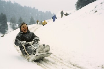 Fototapeta na wymiar A little child joyfully sleds down the snowy hill, savoring the winter play's delight and the moments of childlike happiness. generation ai