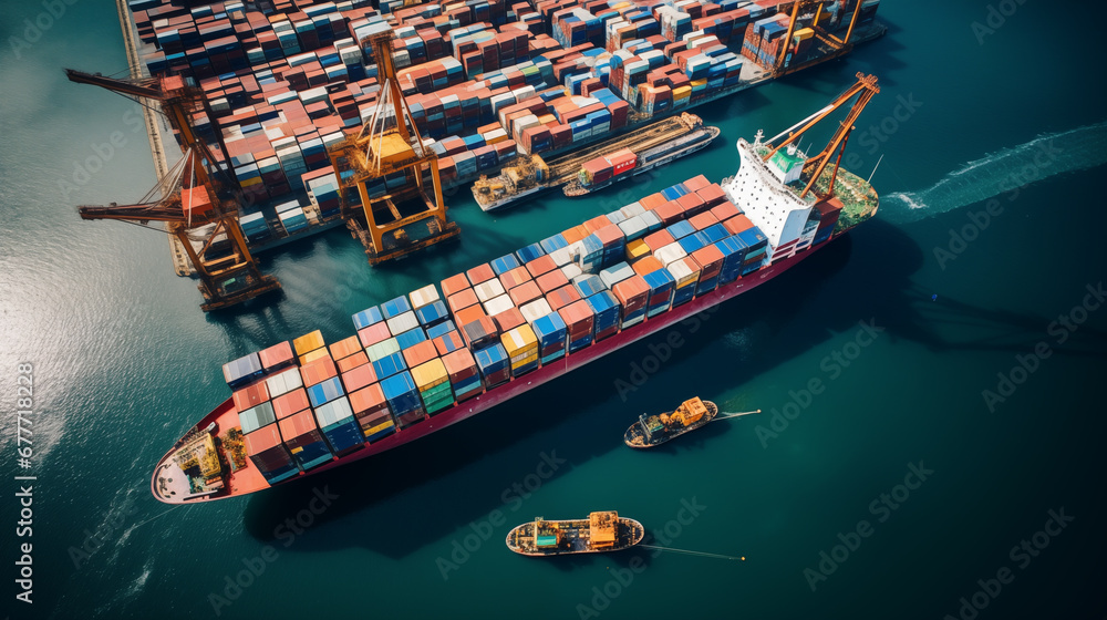 Poster aerial view of large cargo ship in a bustling harbor, loaded with a colorful array of shipping conta
