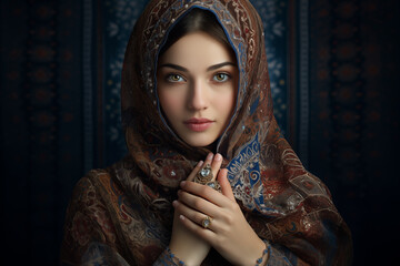 Portrait of a young Asian muslim woman enshrouded in a beautifully ornate silk headkerchief.