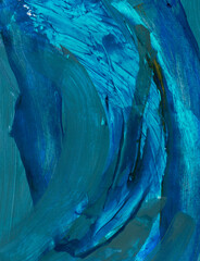 An icy picturesque pattern on the glass. Hand-drawn winter texture wuth acryl, abstract blue background. Design element of fabric print, cosmetics packaging, banner, interior poster. Contemporary art.