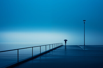 Pier on the sea, with the silhouette of a woman with umbrella. Blue tone, negative copy space. - 677718235