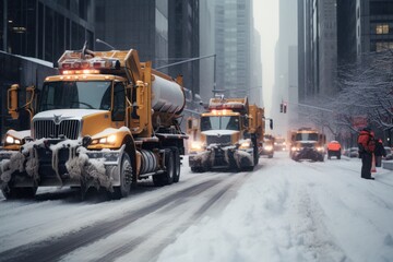 Unrecognizable man worker standing near operating large snowplows and clearing snow on city road