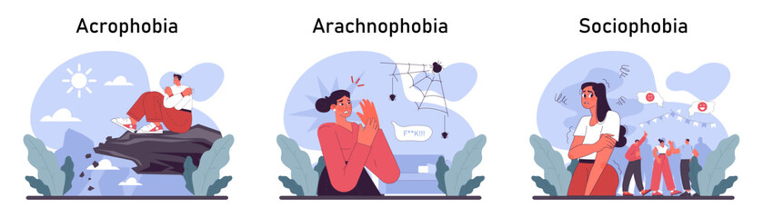 Phobia set. Human's irrational inner fears and panic. Mental disorder, feeling of threat and danger. Psychology and mental therapy. Flat vector illustration