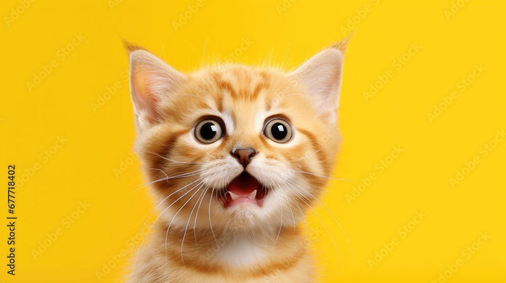 Poster  a close up of a cat's face with it's mouth open and it's eyes wide open with a surprised look on it's face.  generative ai