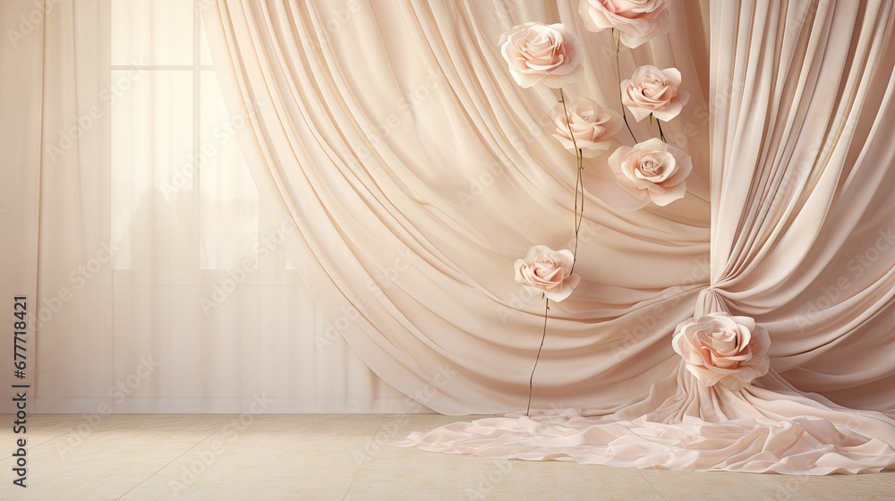 Poster a room with a curtain and some flowers on the wall and a vase with flowers on the floor in front of 