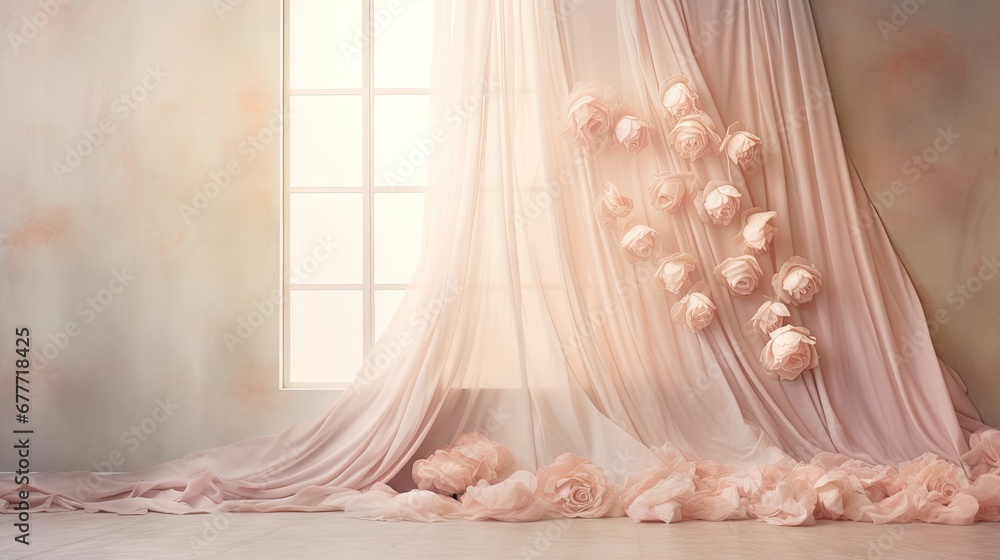 Poster a room with a white curtain and pink flowers on the floor and a window with a white curtain and a wi