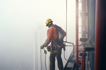 Unrecognizable construction worker standing in hardhat with equipment on high rise building in daylight