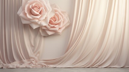  two pink roses sitting on top of a wall next to a drapeed curtain in a room with a light colored floor and a light colored wall behind it.  generative ai