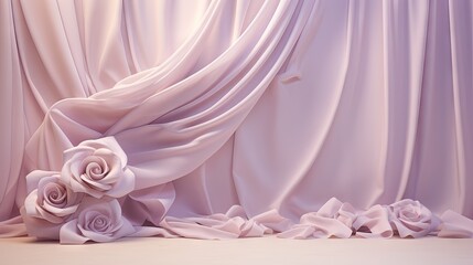  a bunch of flowers that are sitting on a table in front of a drapeed curtain that has been drapeed with a light pink color on it.  generative ai