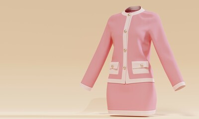 Pink suit skirt and jacket with buttons and pockets on a beige background. 3d rendering