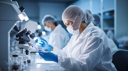 Dedicated Researcher in Modern Laboratory The cool blue tones and crisp lighting highlight the cutting edge nature