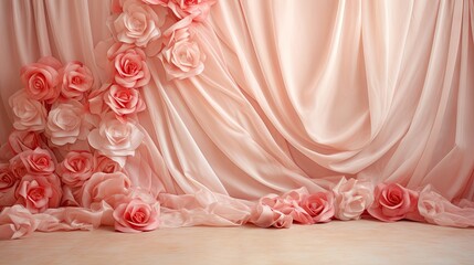  a group of pink roses sitting on top of a floor next to a drapes covered in a pink drapes with pink flowers on the side of the drapes.  generative ai