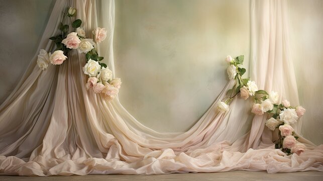  a picture of a curtain with flowers on the side and a curtain with flowers on the other side of the curtain, in front of a wall with a light colored background.  generative ai