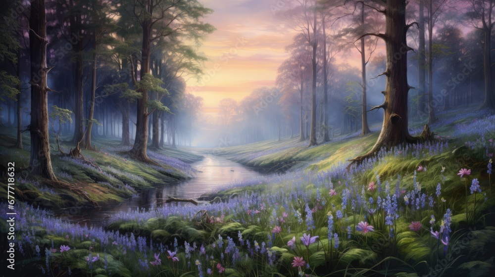 Poster a painting of a stream running through a forest filled with bluebells and wildflowers in the foregro