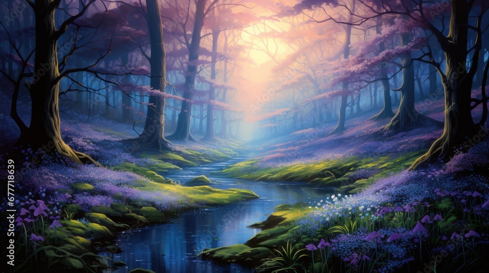 Poster a painting of a stream running through a forest with purple flowers on the ground and trees on the o