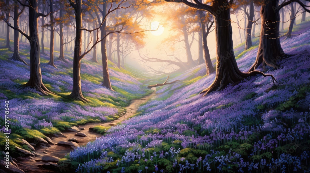 Poster a painting of a path in the middle of a forest with bluebells in the foreground and the sun shining 