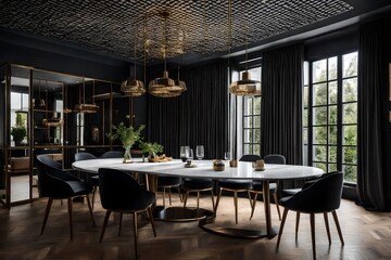 a dining space with contrasting black and white elements for a timeless look