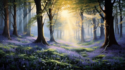  a painting of a forest with bluebells in the foreground and the sun shining through the trees on the other side of the forest, with bluebells in the foreground.  generative ai