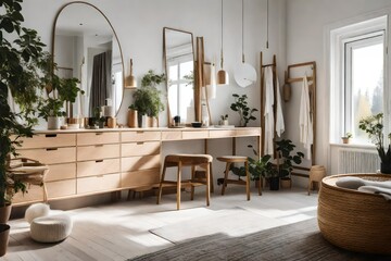 a Scandinavian-style dressing area with a focus on eco-friendly and sustainable furniture