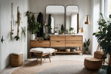 a Scandinavian-style dressing area with a focus on eco-friendly and sustainable furniture