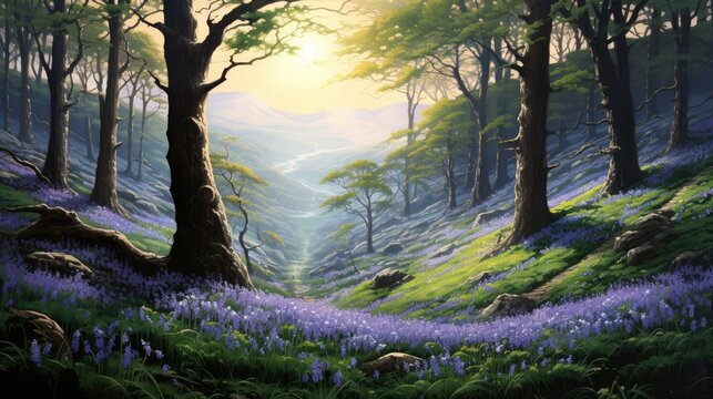  a painting of a forest with bluebells in the foreground and the sun shining through the trees on the right side of the painting, and on the left.  generative ai