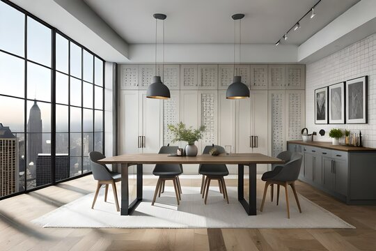 an industrial dining area with a monochromatic gray color palette