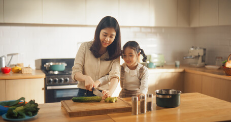 Beautiful Young Korean Mother Teaching her Cute Little Daughter How to Cook. Mother and Female Child Spending Time Together, Learning how to Use a Kitchen Knife Safely