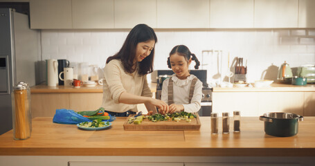 Korean Mother and Cute Little Daughter Cooking Together Healthy Dinner in their Home Kitchen. Adorable Little Girl Helping her Mom With Making a Salad. They are Talking and Bonding