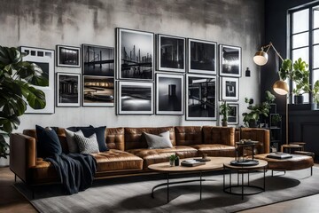 an industrial living room with a gallery wall featuring black-and-white photography