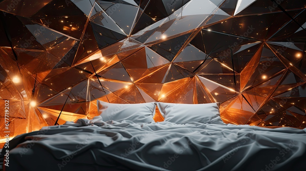 Poster a bed with a white comforter and pillows in a room with a large mirror wall and a bed with a white c