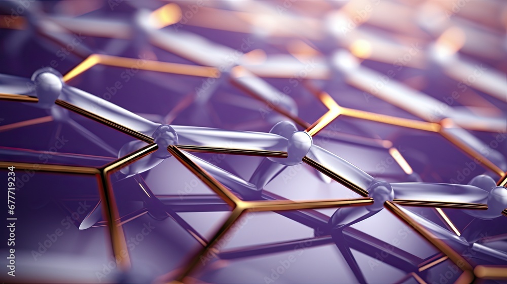 Poster a close up of a purple background with gold and silver hexagons and a bow on one side of the hexagon