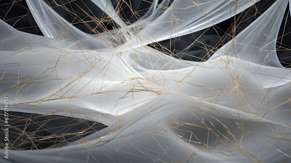 Poster a black and white photo of a piece of cloth with gold lines on it and a black and white background w