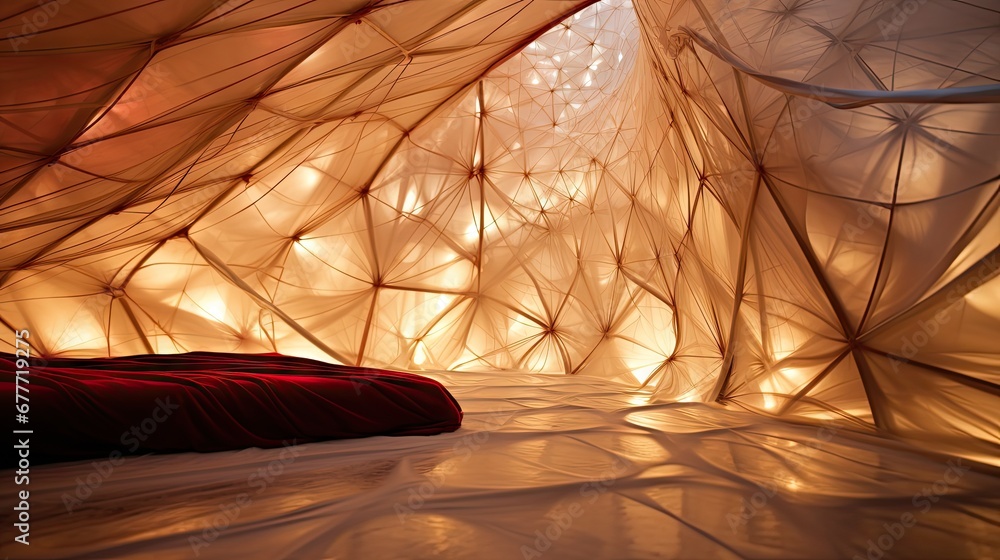 Aufkleber a bed with a red comforter in a room with white walls and a red blanket on the floor and a red blank