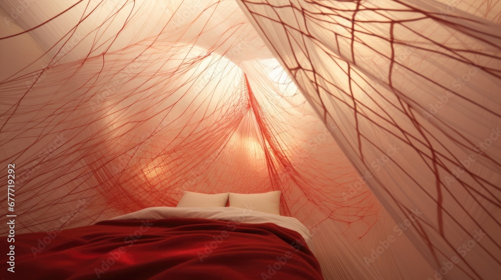 Poster a bed with a red comforter and a red comforter on top of a bed with a red comforter on top of it and
