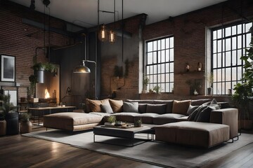 an industrial living room with a neutral color palette of grays and browns